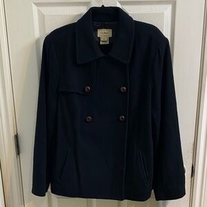L.L. Bean Wool Blend Pea Coat Black Leather Button Men’s size Large Winter Fall